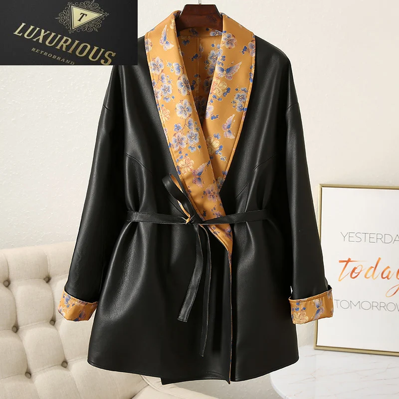 

Женская двусторонняя куртка из натуральной кожи, модная свободная флисовая верхняя одежда с ремнем и принтом