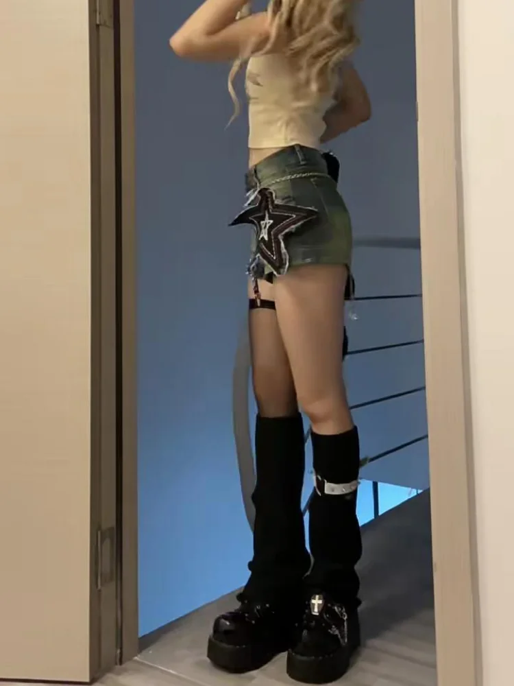 HOUZHOU Grunge Y2k Short Jeans Women Vintage Star Girl High Waist Denim Shorts Sexy Gyaru Korean Streetwear Punk American Retro