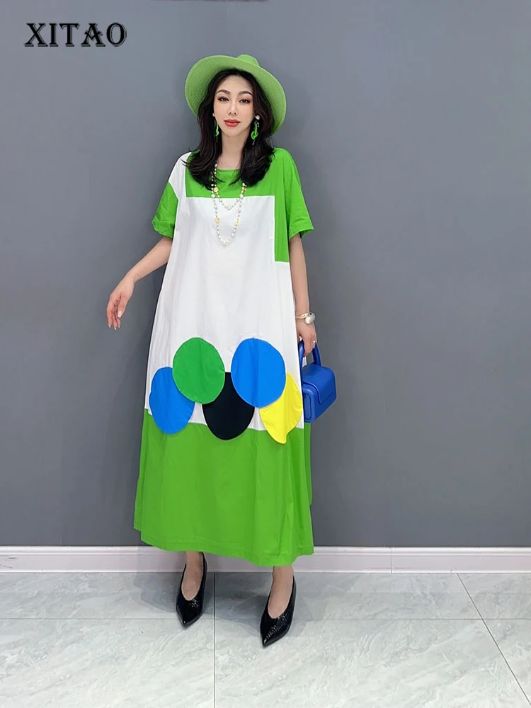 

XITAO/Повседневные платья-футболки; Свободный простой пуловер до середины икры с круглым вырезом; Коллекция 2023 года; Сезон лето; Новое поступл...