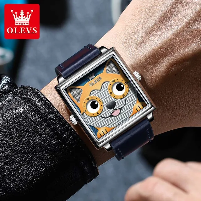 OLEVS Trendy Japanese Movement Corium Strap Watch for Men Women Quartz Waterproof Fashion Wristwatch Cartoon Dog Watches 4