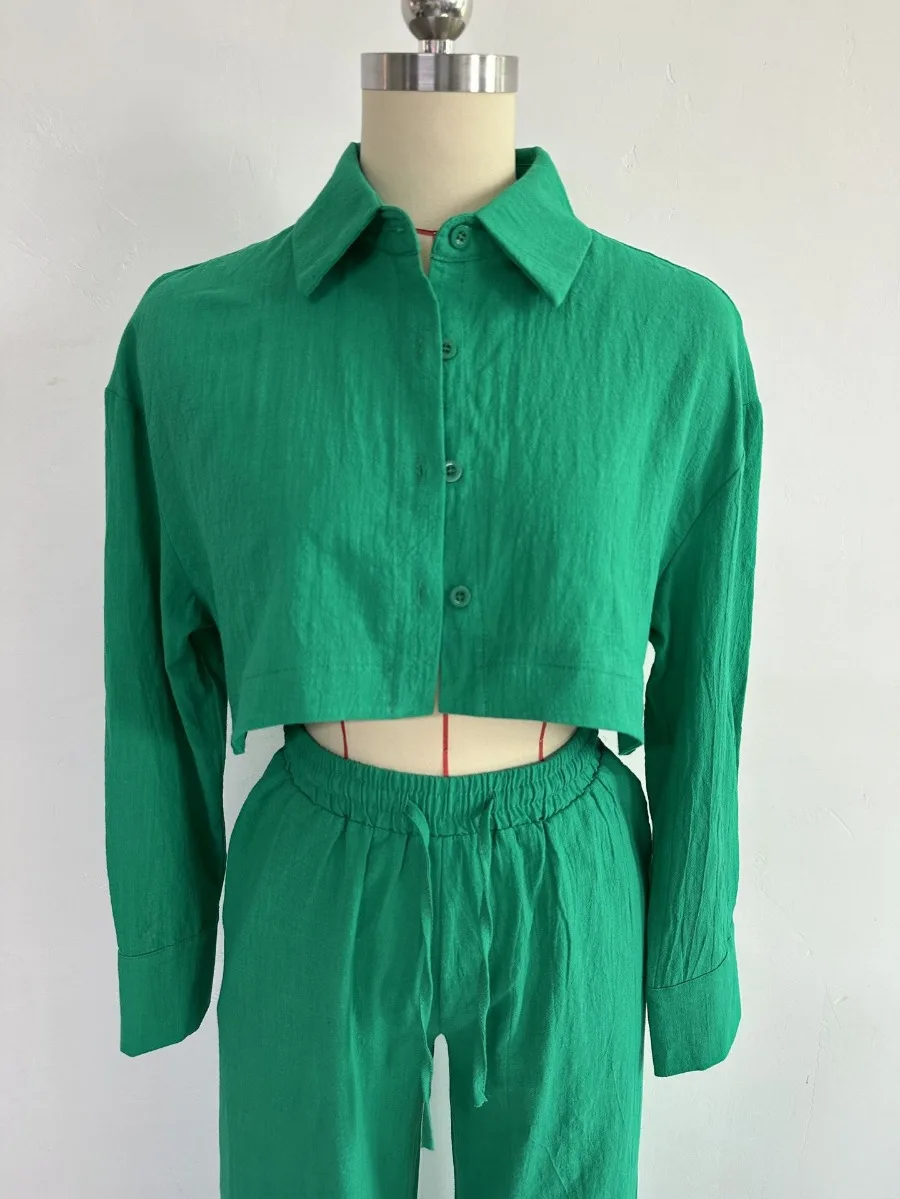 Модный женский комплект мини-рубашка с длинным рукавом и широкие прямые брюки