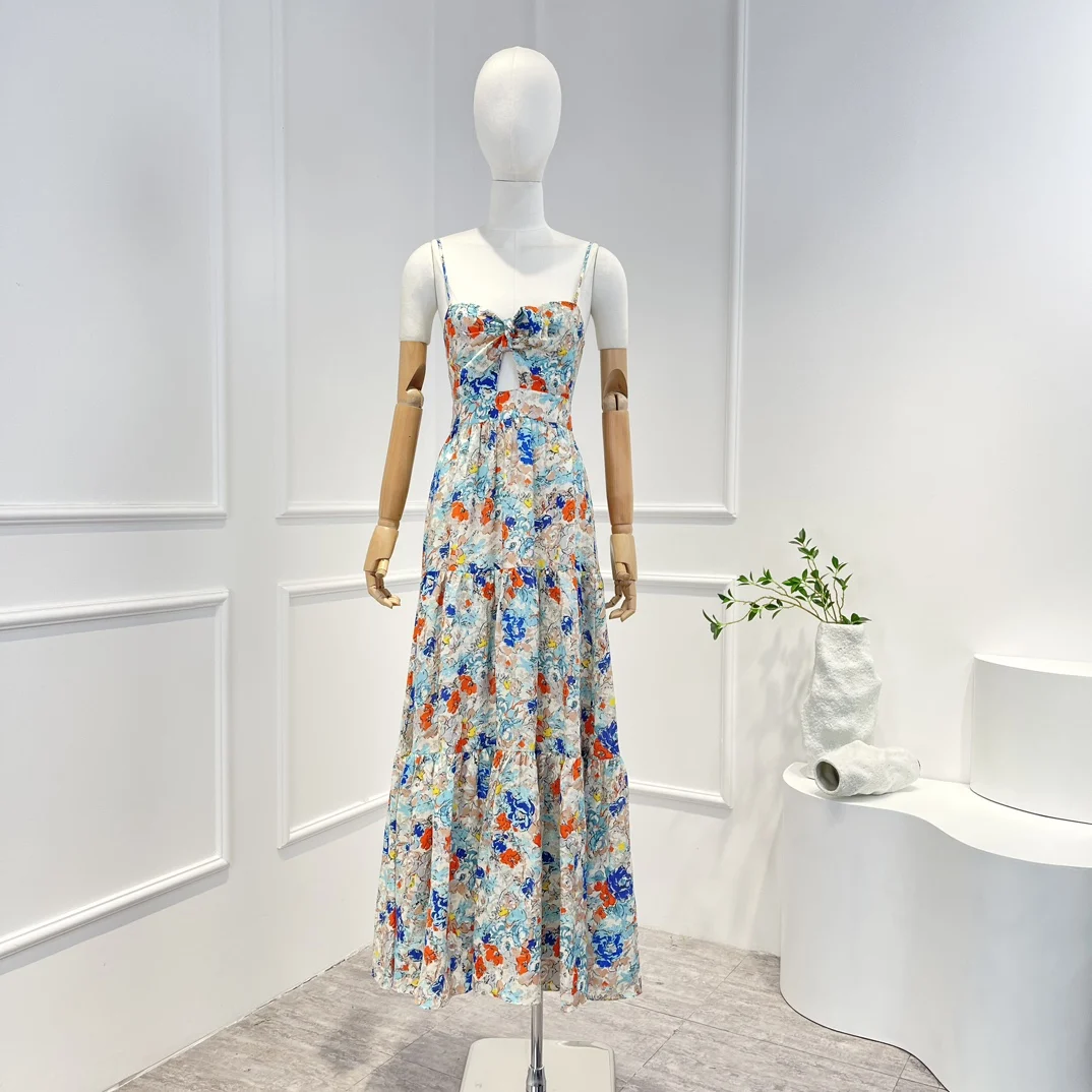 

2023 Spring Summer Top Quality Latest Collection Linen Floral Printing Front Cut Out Midi Slip Dresses Lady
