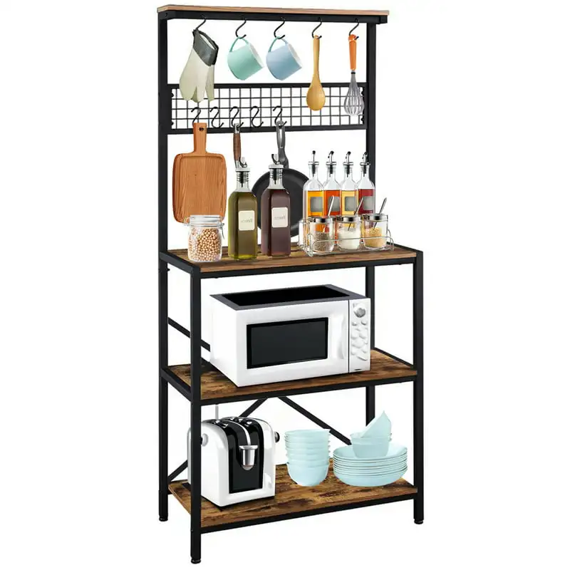 

Baker's Rack, Island with Hooks Stand Vintage Brown Manufactured wood Table Kitchen Cart Home Kitchen Furniture