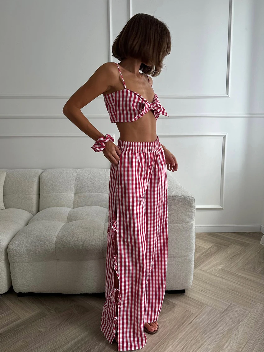 Клетчатый женский пижамный брючный костюм цвет в ассортименте