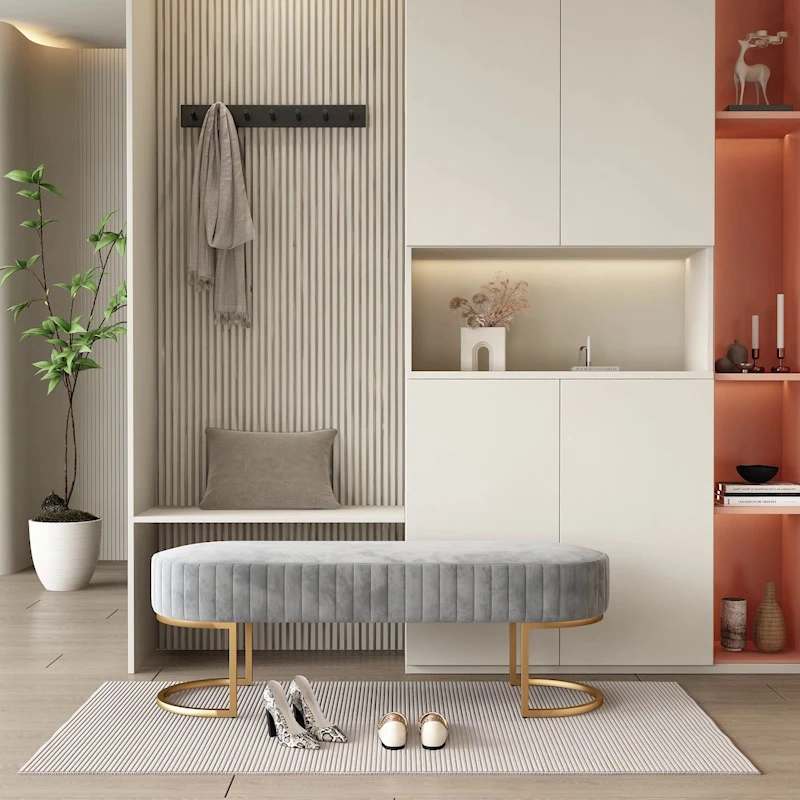 Бархатная скамейка для прихожей мягкая Сумочка Скандинавская с подставкой ног