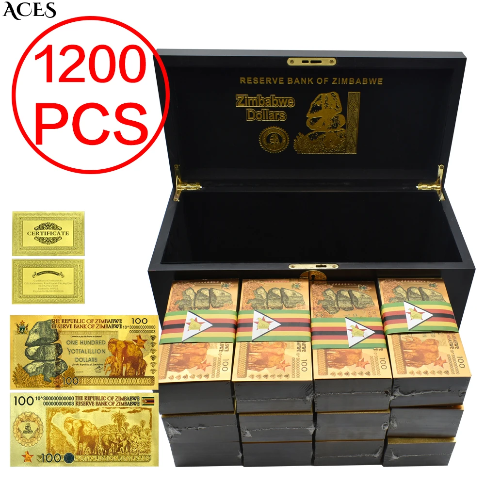 

1200pcs Zimbabwe Gold Foil Banknotes One Hundred Yottalillion Dollars Uncurrency with Exquisite Box Collection DHL Free Shipping