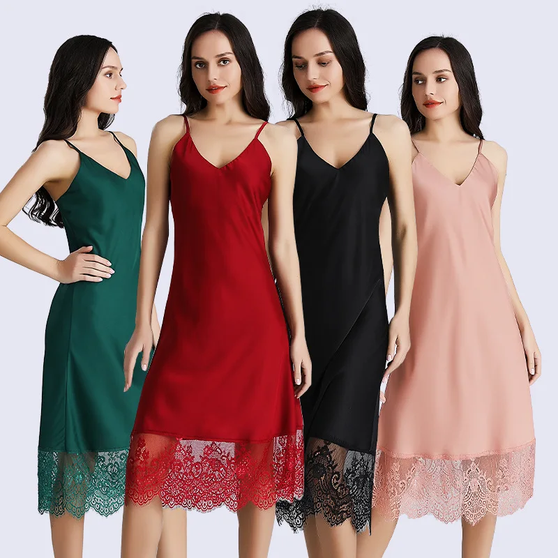

Summer New Women Lace Sleeveless Dress Solid Lady Condole Belt Silk Satin Homedress Female Loose Casual Nightwear Sleepdress