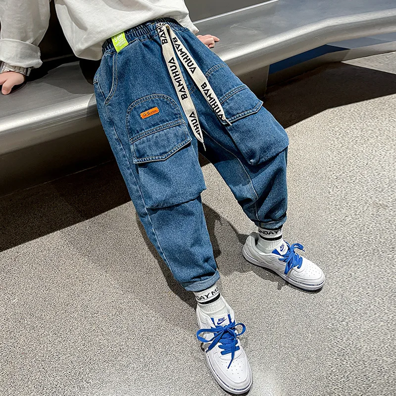 

Джинсы для мальчиков 4-14 лет, повседневные брюки из денима, модные штаны свободного покроя, уличная одежда для подростков, на весну-осень