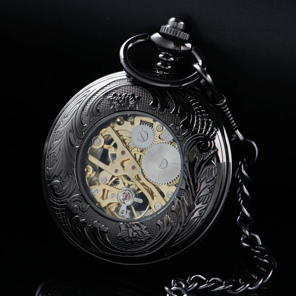 Vintage Black Rudder Hollowed-Out Mechanical Manual Pocket Watch Gold Roman Digital Skull Dial Pendant Automatic Antique Clock