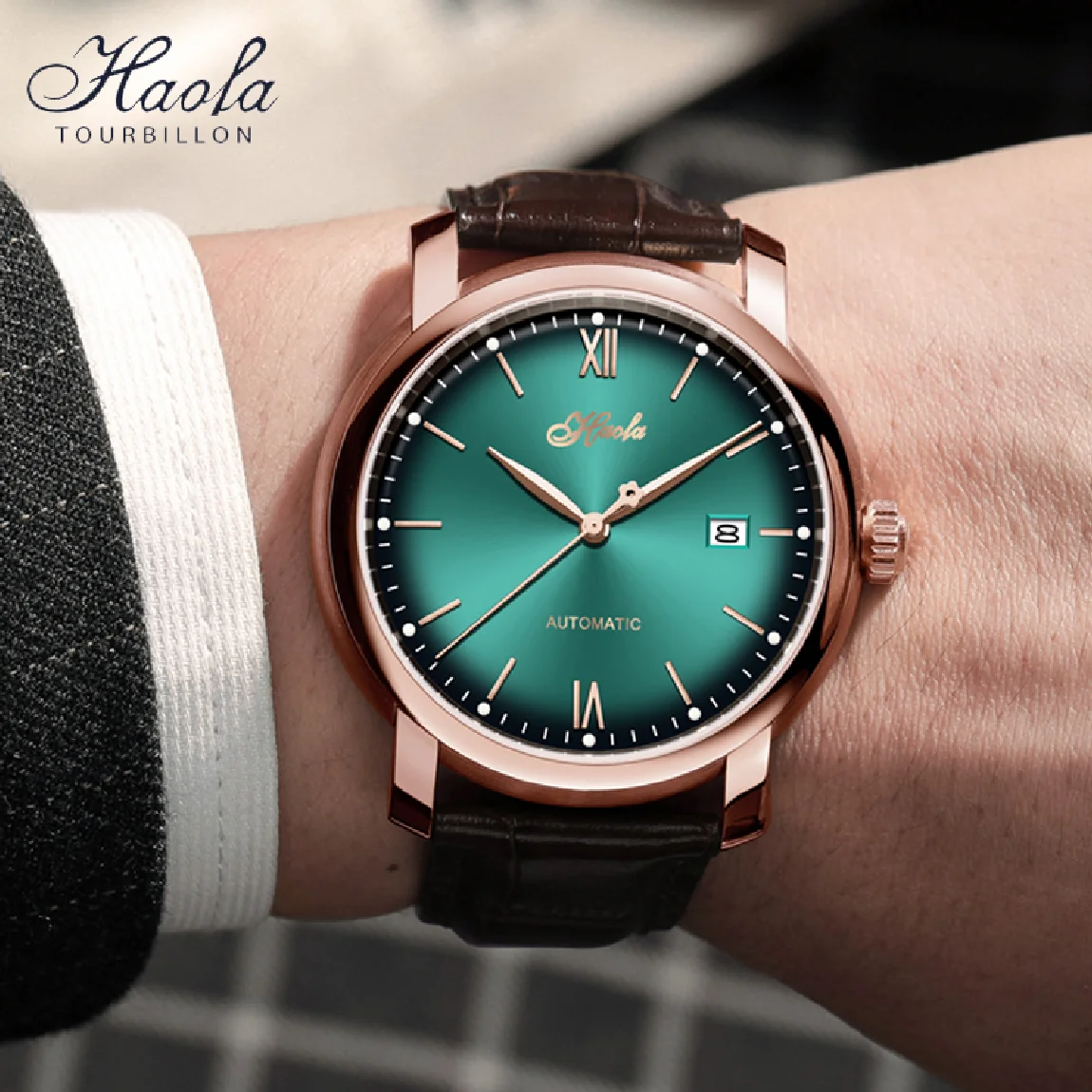 

Haofa Simple Automatic Mechanical Movement Man Watches Thin Sapphire Self Winding DayAnd Date Calendar Watch For Men Rose Gold