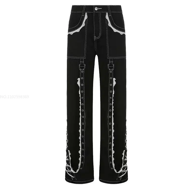 Gothic Clothes Denim Baggy Jean Women Aesthetic Lace Up Patchwork Dark Academia Streetwear Punk Bandage Trousers Straight Pants images - 6