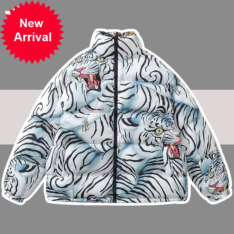 

Parkas Hip Hop Oversize Men High Street Tiger Printed Winter Warm Padded Jackets Double-Sided Harajuku Varsity Outwear Coats