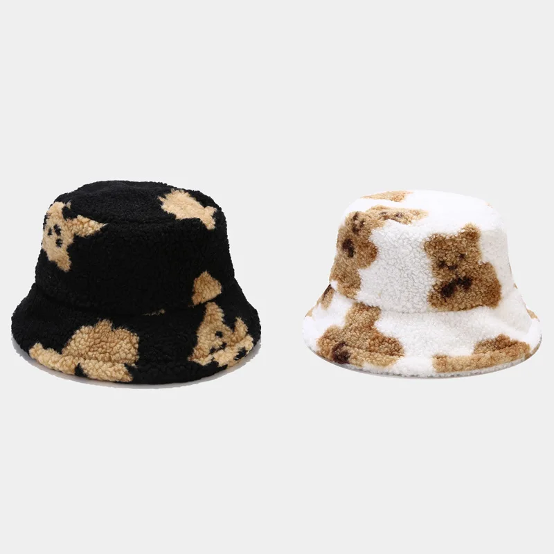 

Fashion Bucket Hat Female Autumn and Winter Bear Design Thick Warm Basin Hat Outdoor Lamb Wool Fisherman Hat