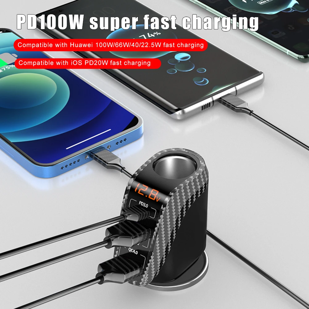 Автомобильное зарядное устройство 100W PD 3.0 быстрой зарядки 12V/24V Type-C 3 USB-адаптер с разветвителем прикуривателя для Huawei Xiaomi iPhone 13 и т.д.
