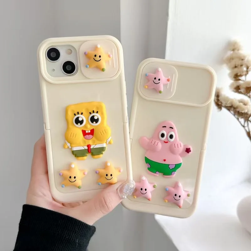 

3D Cartoon Spongebobs Patricks Stars WIth Kickstand Sliding Window Phone Case for IPhone 11 12 13 14 Pro Max 14 Pro Back Cover