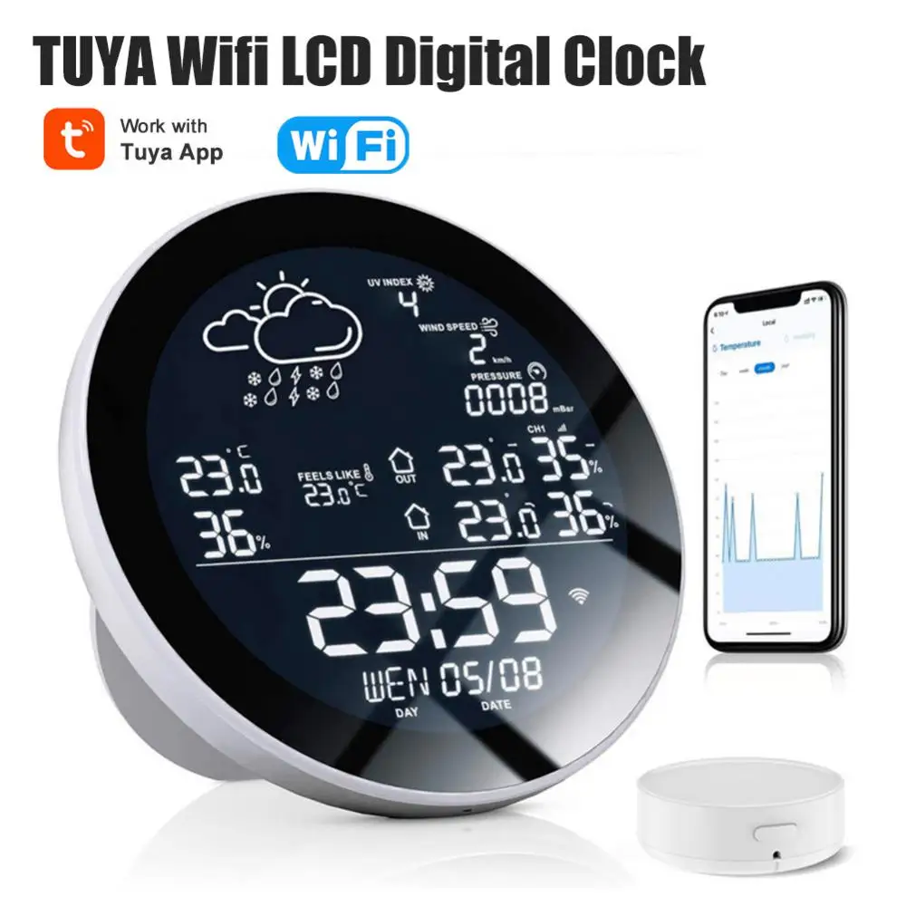

Умные часы Tuya с Wi-Fi, 3-дневная Метеостанция для прогноза погоды, беспроводной термометр, гигрометр, ЖК-дисплей, 3 датчика