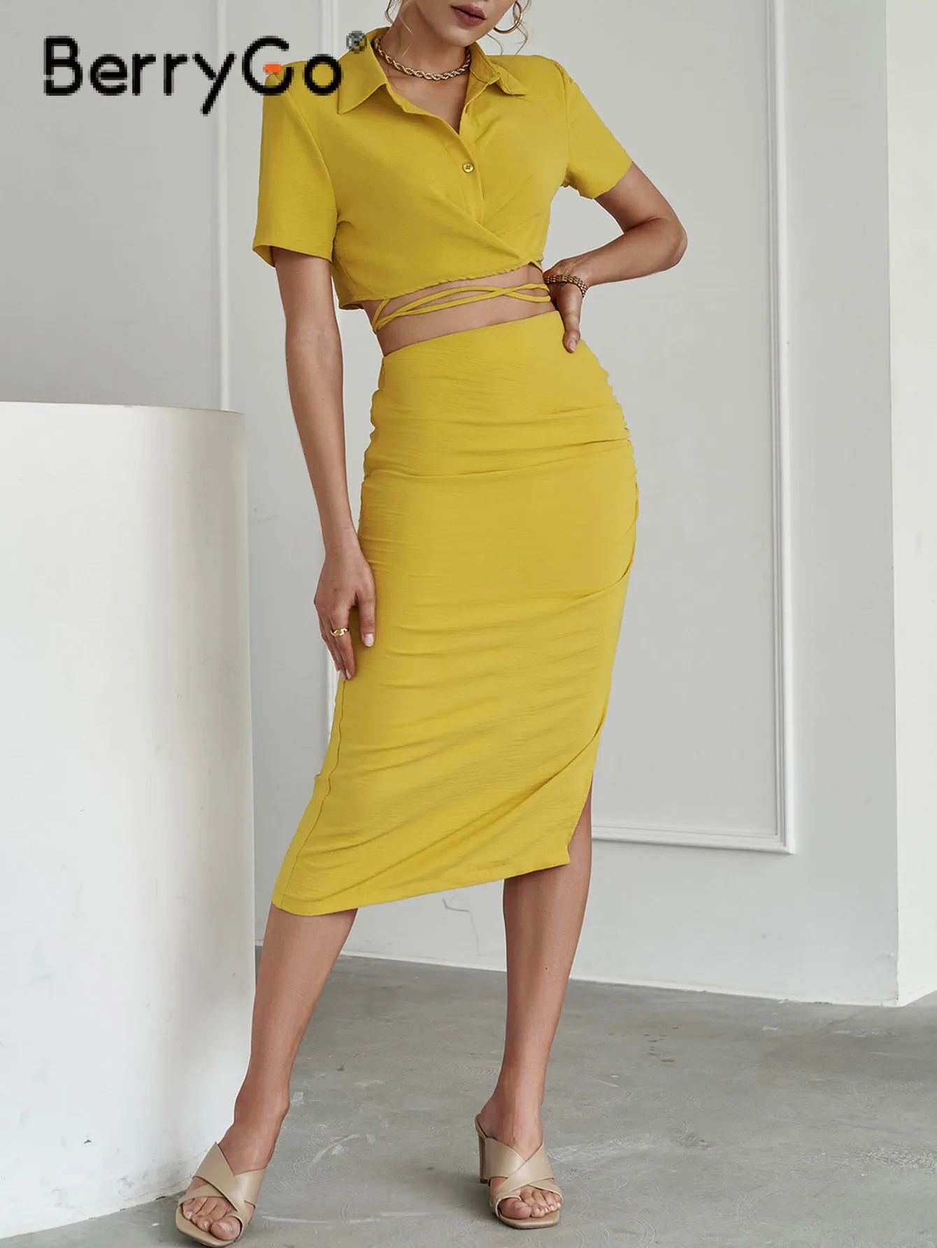 

BerryGo Elegant short sleeve lace up 2 piece sets women Fashion elastic waist ruched high split skirt suit Solid slim dress sets