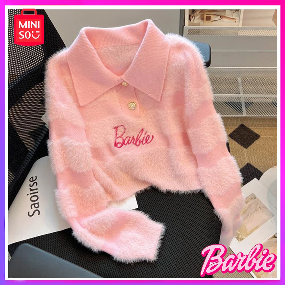 

2023 Miniso Barbie New Winter Sweet Letter Embroidery Short Knit Sweater Gentle Wind Mink Top Pink Kawaii Christmas Girl Gift