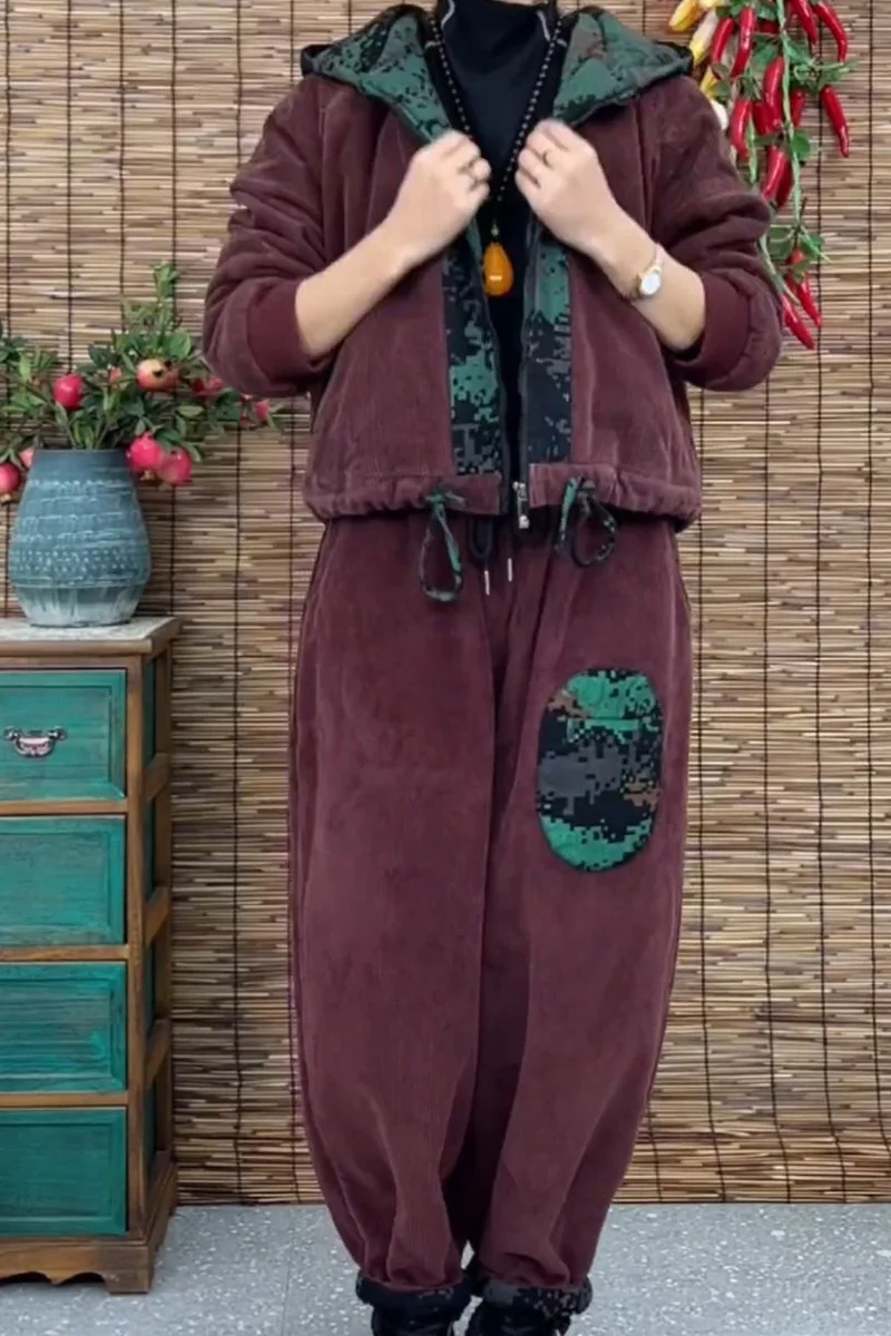 Осень-зима 2024 вельветовый комплект с капюшоном женская свободная утягивающая