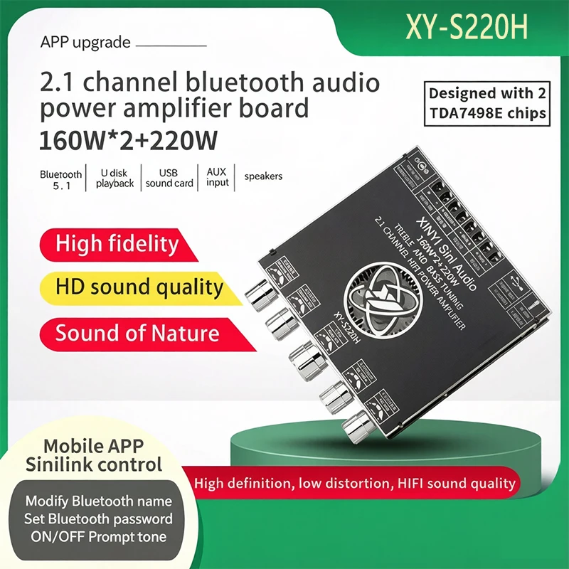 Фото XY‑S220H 2.1-канальный аудиоусилитель с Bluetooth 5.1, мощностью 160 Вт*2+220 Вт, чип TDA7498E, модуль усилителя для сабвуфера HIFI. №3