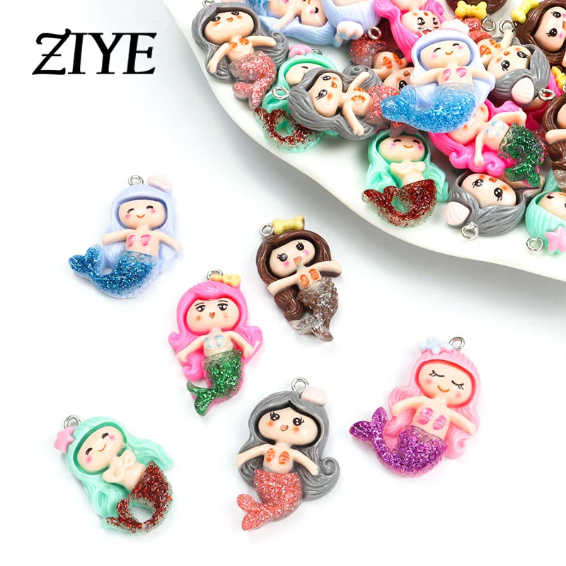 10pcs Cute Cartoon Mermaid Resin Charms Colorful Fashion Fairy Tale Sparkling Fishtail Pendant For Jewelry Making DIY Accessorie