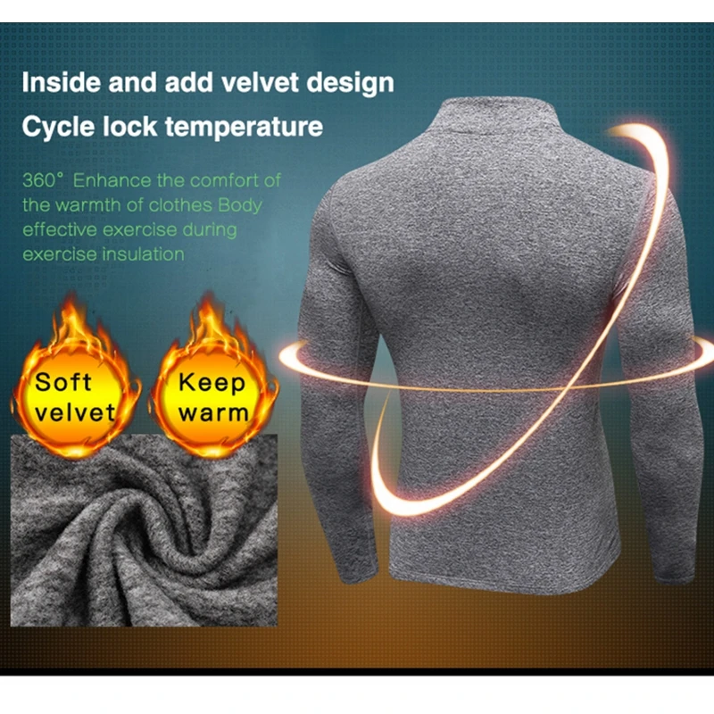 Winter Long Sleeve Zipper Sport Shirt  Men's Running  Sportswear T-shirts Rashgard  Fitness Tights Quickly Dry