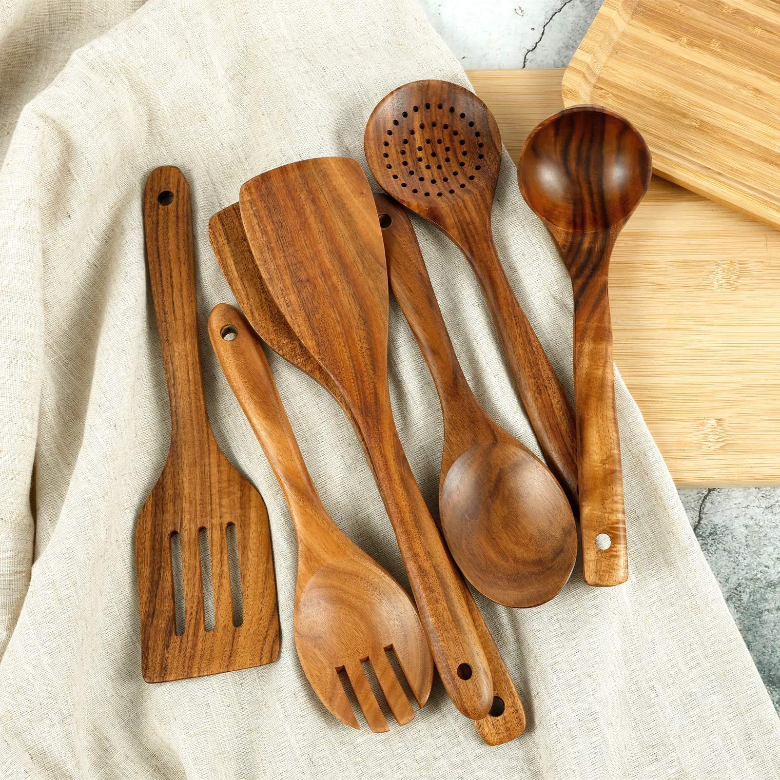 

7Pcs Wooden Kitchen Utensils Set Wooden Spoons with Hanging Hole Wood Spatula Spoon Comfortable Grip Colander Fork Set