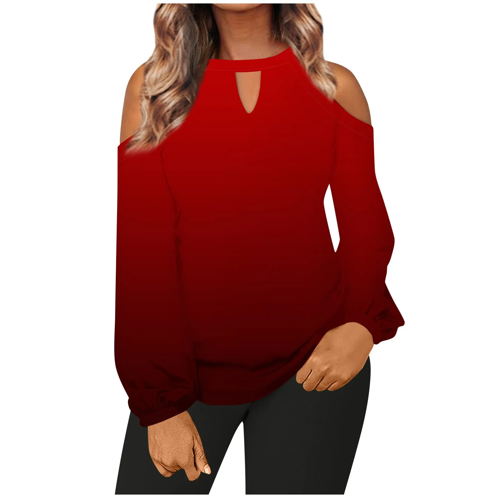 

Women'S T-Shirt Fashion Gradient Loose Casual Long-Sleeved Round Neck Off-Shoulder Top Hoodie Korean Fashion Solid Color Sweater