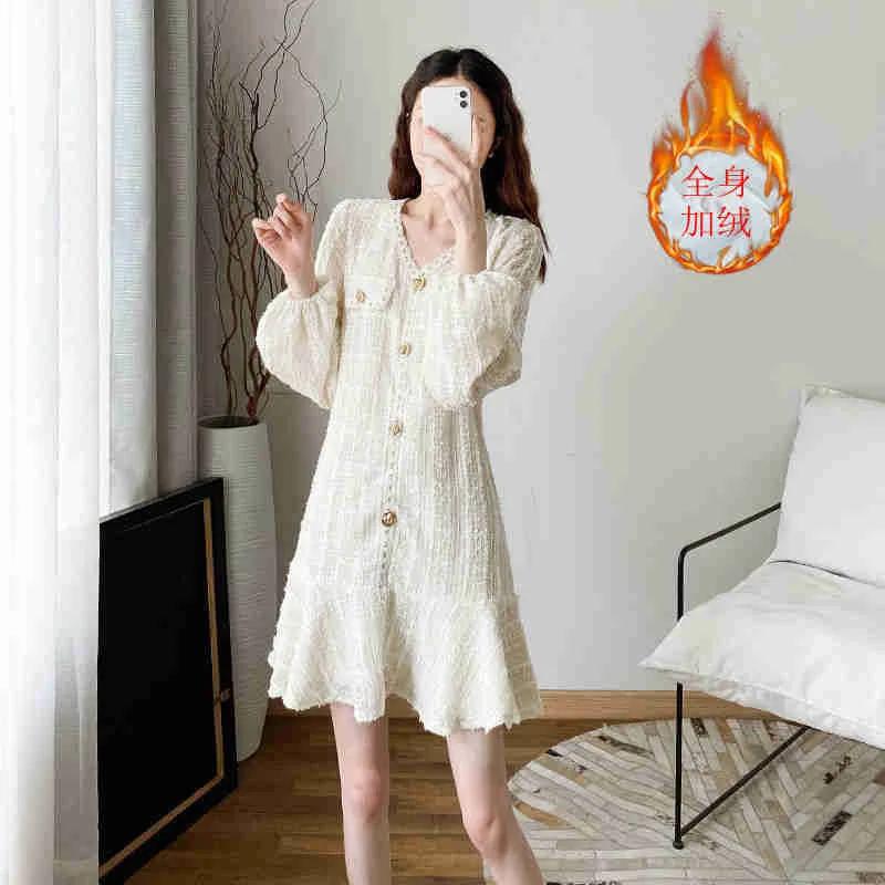 

Women's Dress Elegant With Metal Button 2022 Spring Autumn New Temperament Bottomed Skirt French Small Fragrance Vestido Casual