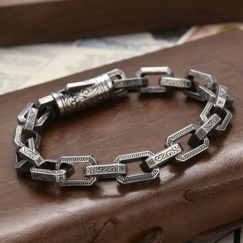 

925 Sterling Silver Vine Grass Pattern Personalized Bracelet Design with Heavy Industry To Create A Retro Thai Silver Bracelet