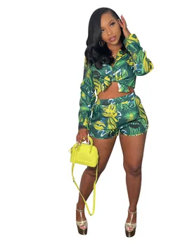 Casaul Women Tracksuit Biker Two Piece Set Print Shirt + Short Pants Streetwear Matching Set Clothes For Women Outfit 1