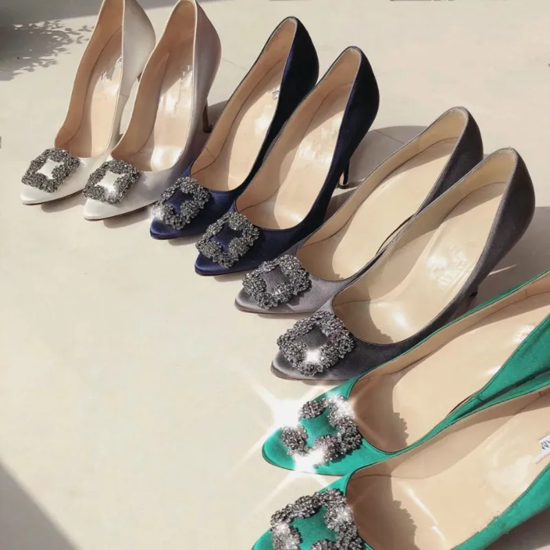 Women's Single Shoes 2023 Spring and Autumn New High Heel Rhinestone Square Buckle Pointed Banquet Thin Heel Shallow Mouth Shoes