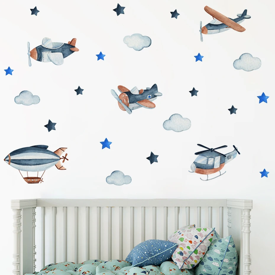 

Cartoon Flight Airplanes Plane Watercolor Wall Stickers for Nursery Kids Boy Bedroom Study Room Kindergarten Decor Art Decals