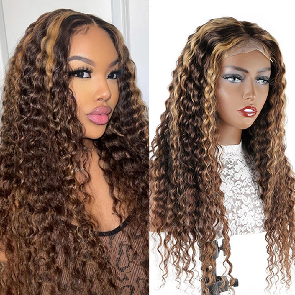 

Deep Wave Human Hair Wig P4/27 Honey Blonde Ombre Highlight 4x4 HD Lace Closure Wig Pre Plucked With Baby Hair Brazilian Remy