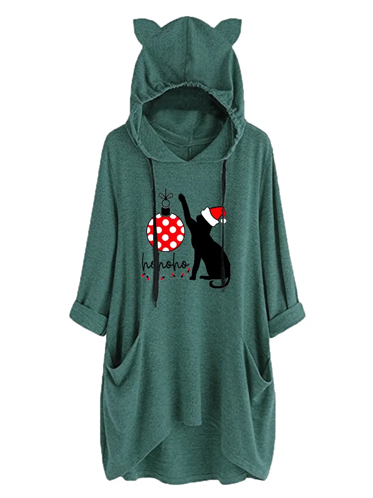 

2022 Spring Autumn Women Pocket Oversize Sweatshirt Cat Ear Christmas Ball Lights Black Cat Graphic Drawstring Pullover Cute