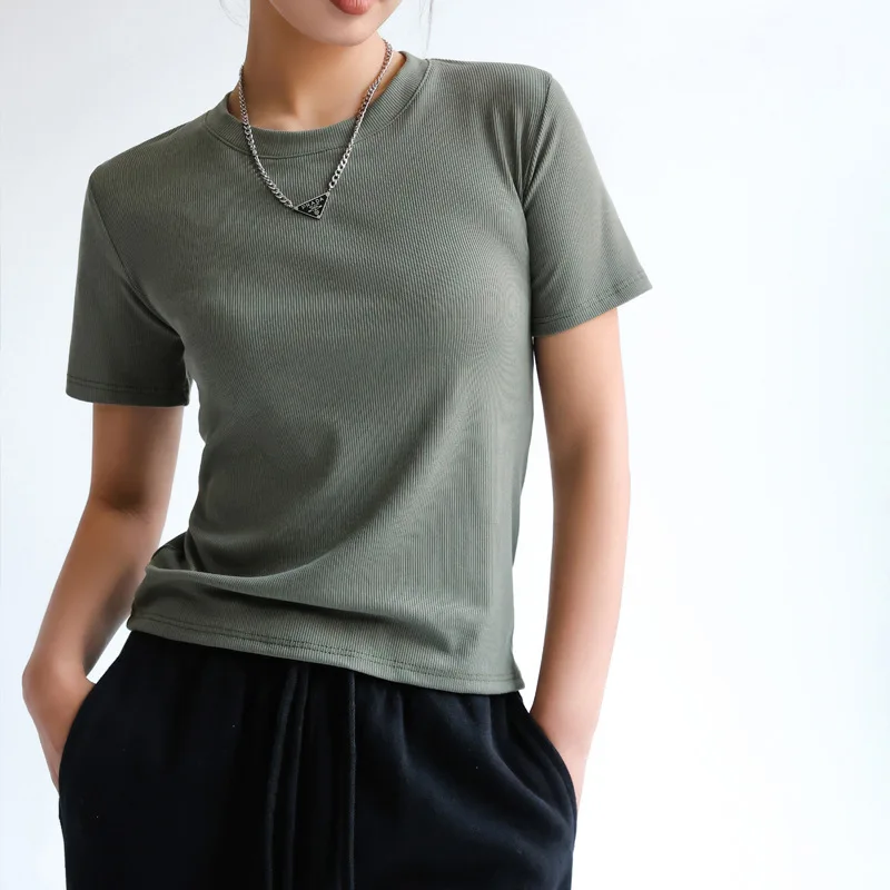 

2023 хлопковая Однотонная футболка с резьбой и коротким рукавом для женщин, GRAY22