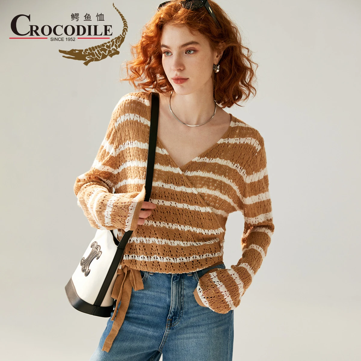 

Crocodile Spring Women's sweater Cross V-neck Sweater Thin Stripe Long Sleeve Lace-up Cardigans Three Color Cool Knitted Sweater