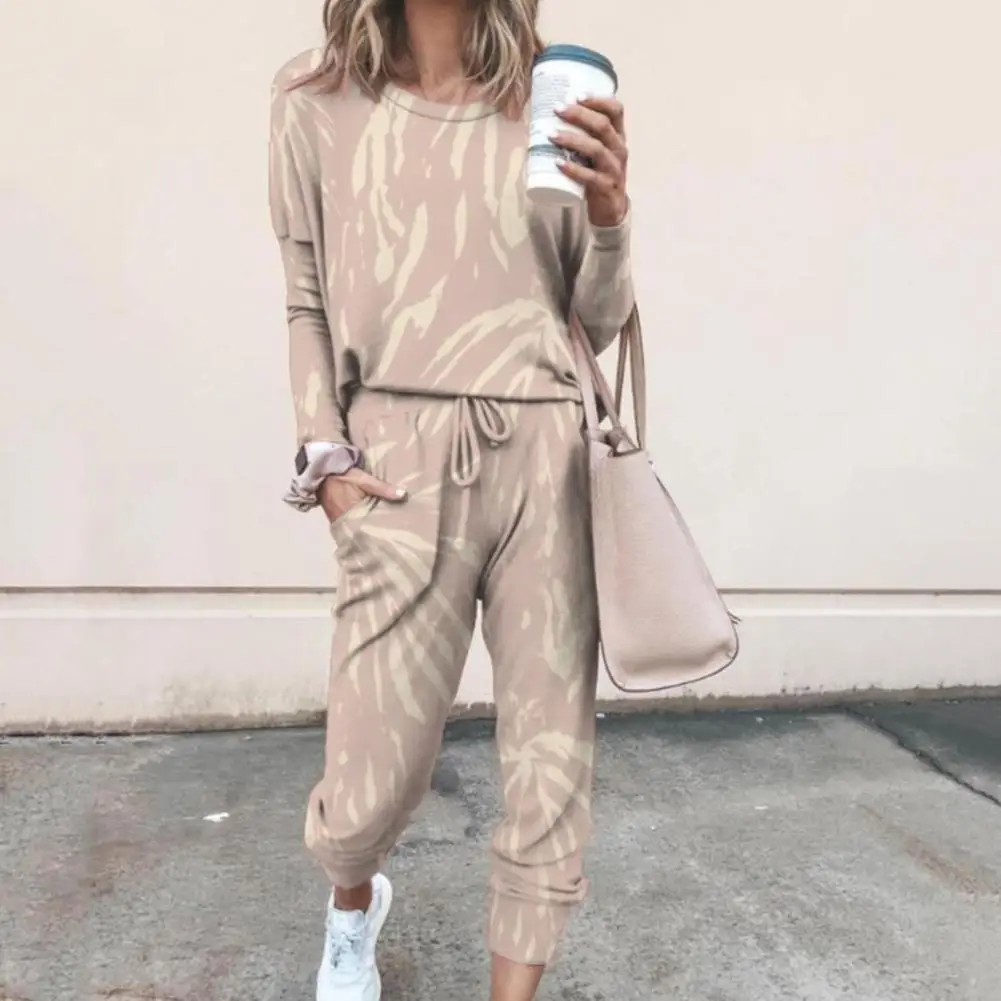

M - 3XL O-Neck Pockets Women Outfit Two Piece Set Tie Dye Long Sleeve Sweatshirt Pants Set Ladies Clothing