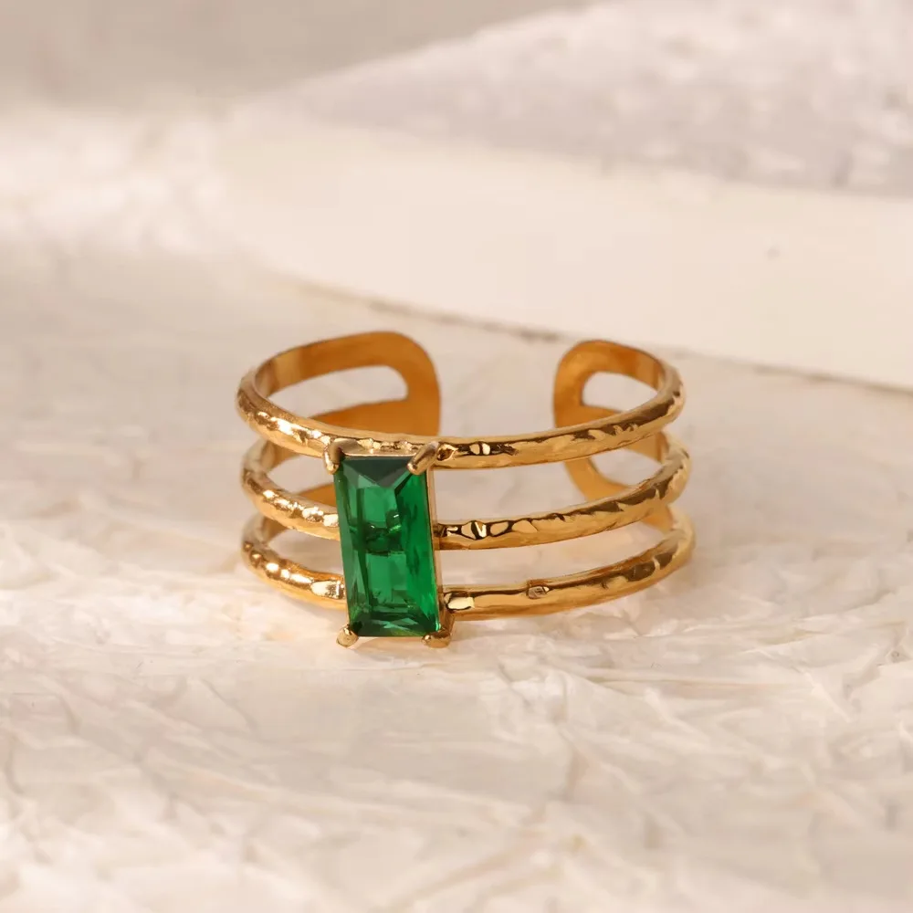 Винтажные открытые кольца с зеленым кубическим цирконом для женщин нержавеющая
