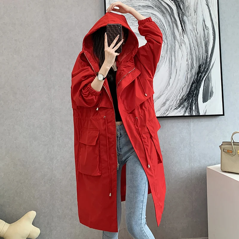 

Female Windbreaker Tooling Coat Spring Autumn 2022 New Korean Loose Hooded Outwear Adjustable waist Women's long Trench Coats