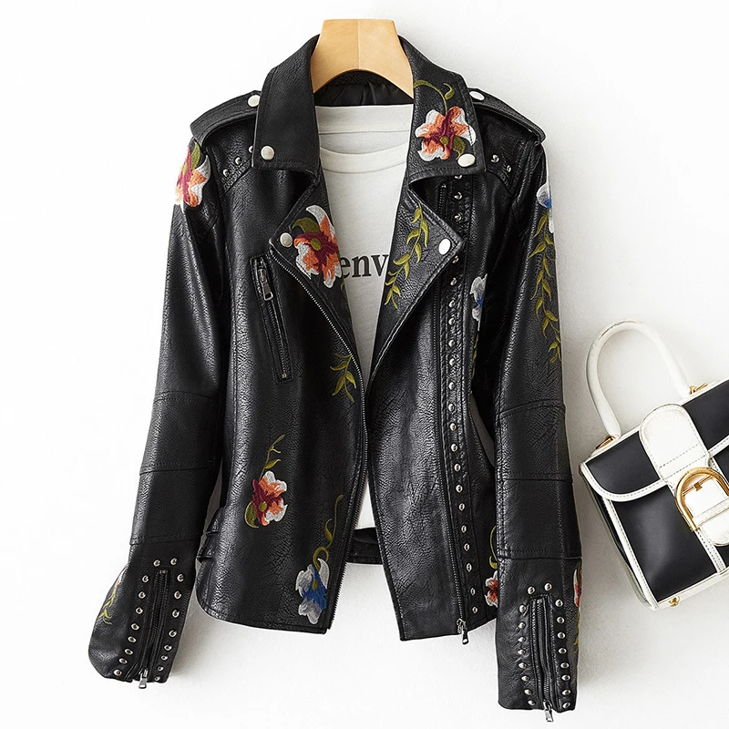 Women Leather Jacket Retro Floral Print Embroidery Faux Soft Leather Coat Turndown Collar Pu Moto Biker Black Punk Outerwear