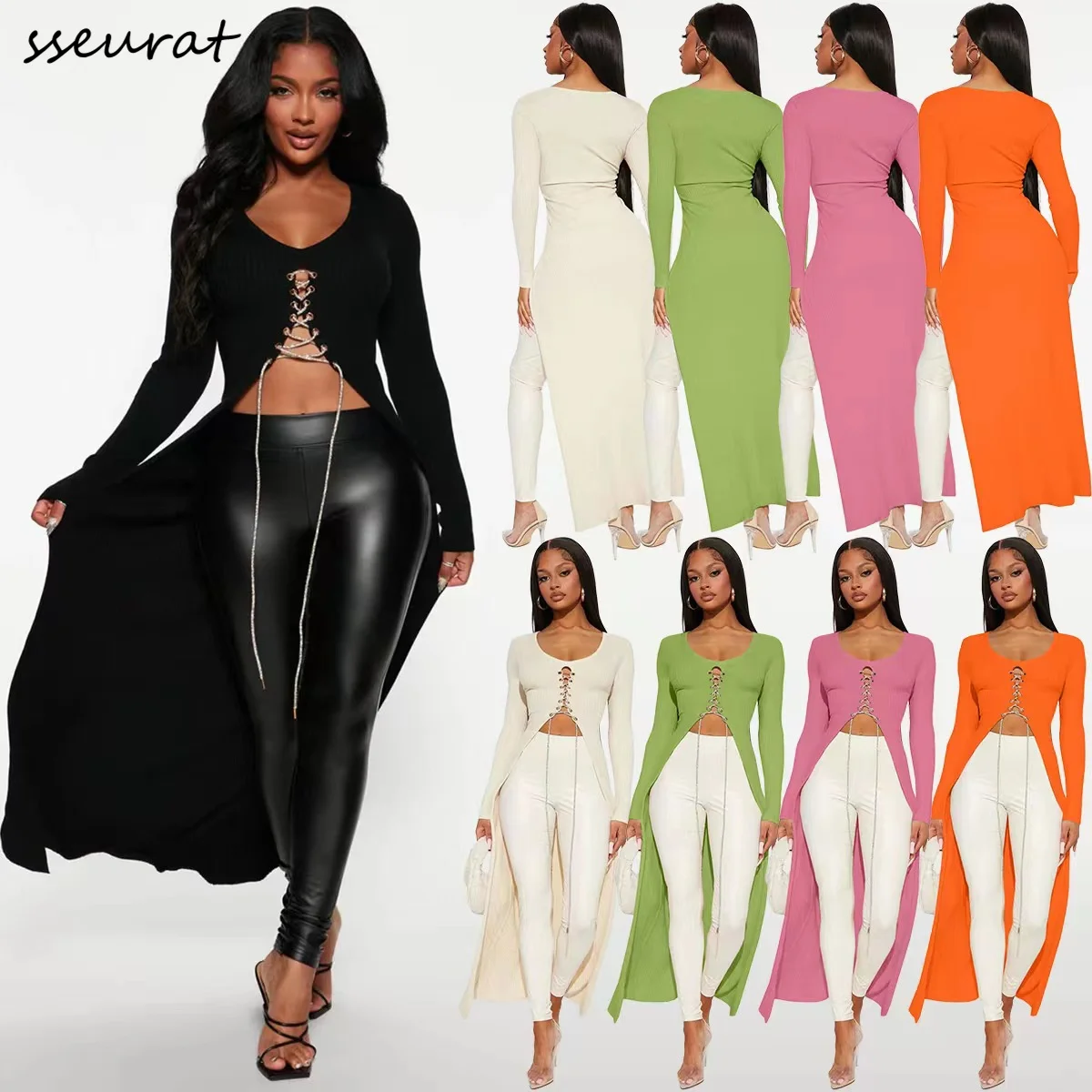 

Ажурные женские сексуальные Клубные Топы с длинным рукавом, однотонная бандажная футболка с цепочкой