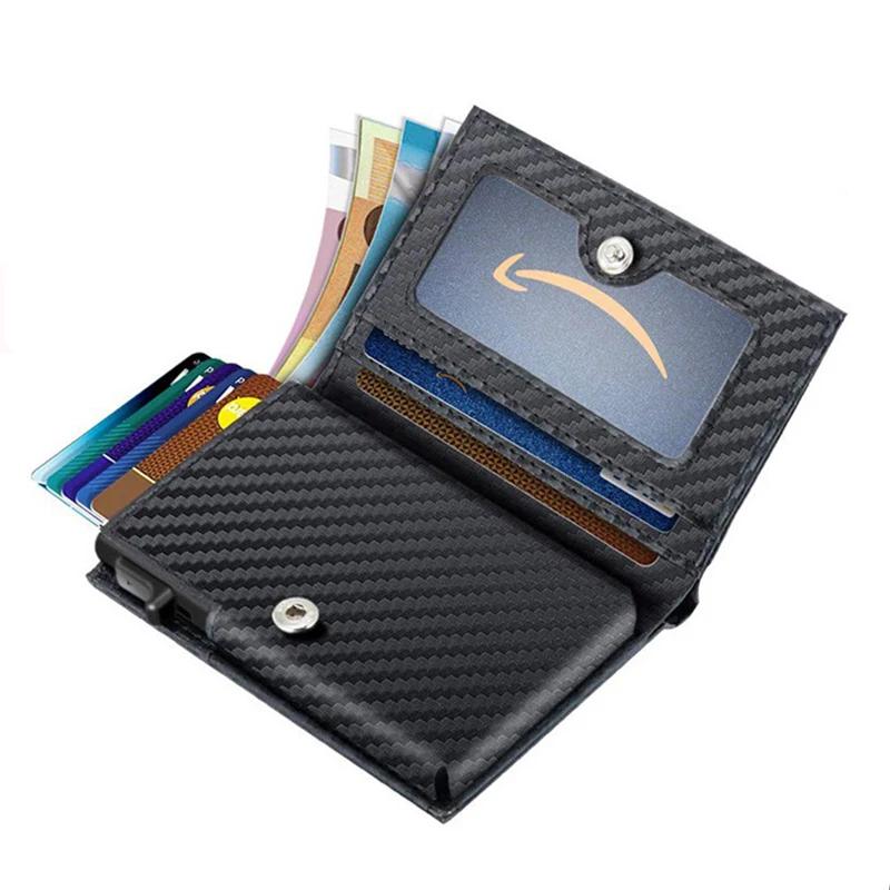 New Arrival Carbon Fiber Small Box Business Metal Aluminum Wallet for Men RFID Blocking 100% Genuine Leather Slim Card Holders