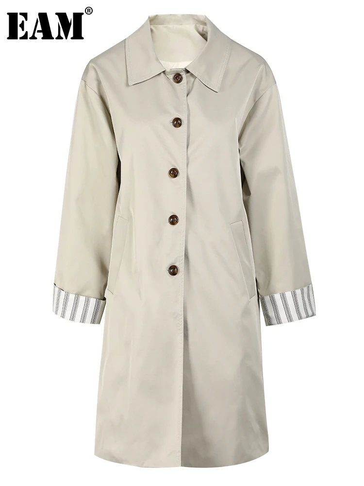 

[EAM] Women Khaki Spliced Striped Trench New Lapel Long Sleeve Loose Fit Windbreaker Fashion Tide Spring Autumn 2023 CPG0129