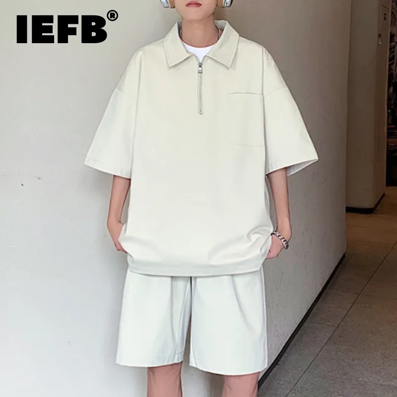 

Футболка IEFB мужская с коротким рукавом, Модный комплект из двух предметов, однотонный спортивный костюм, Свободный пуловер на молнии, 9C649, на лето