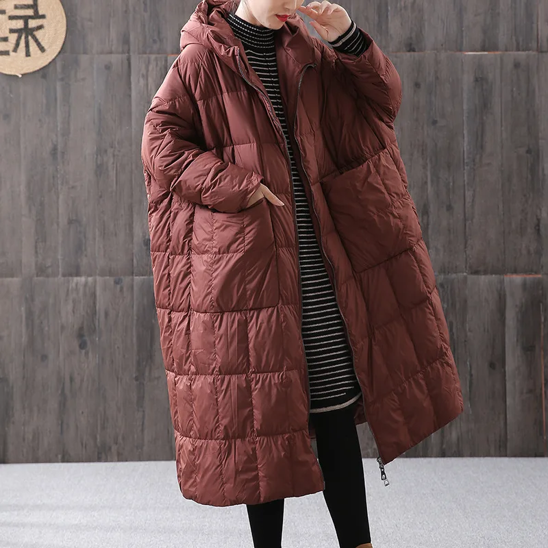 Korean Version Loose Down Coats  Women 2021 Winter New Long  Warm Thick Hooded Plaid Big Pocket Winter Jacket