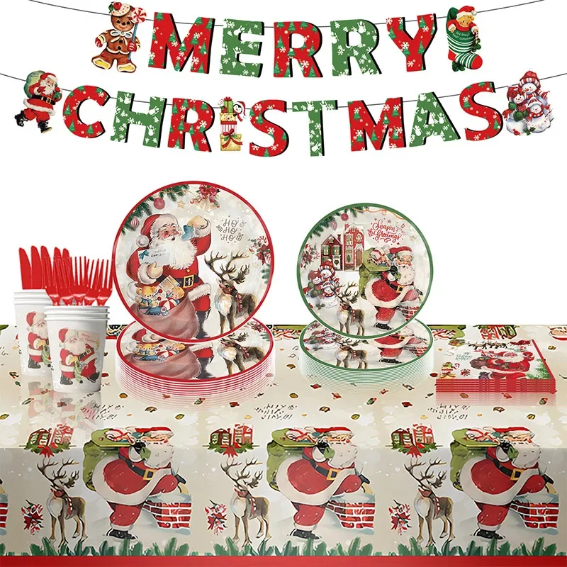

Рождественская тема, искусственное украшение, мультяшная одноразовая посуда Санта-Клауса, рождественские праздничные принадлежности, Рождественская настольная дорожка