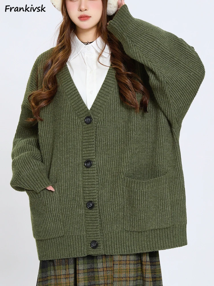 

Cardigan Women Retro V-neck Button Pockets Cozy Elegant All-match Solid Simple Streetwear Students Leisure Gentle Trendy Chic