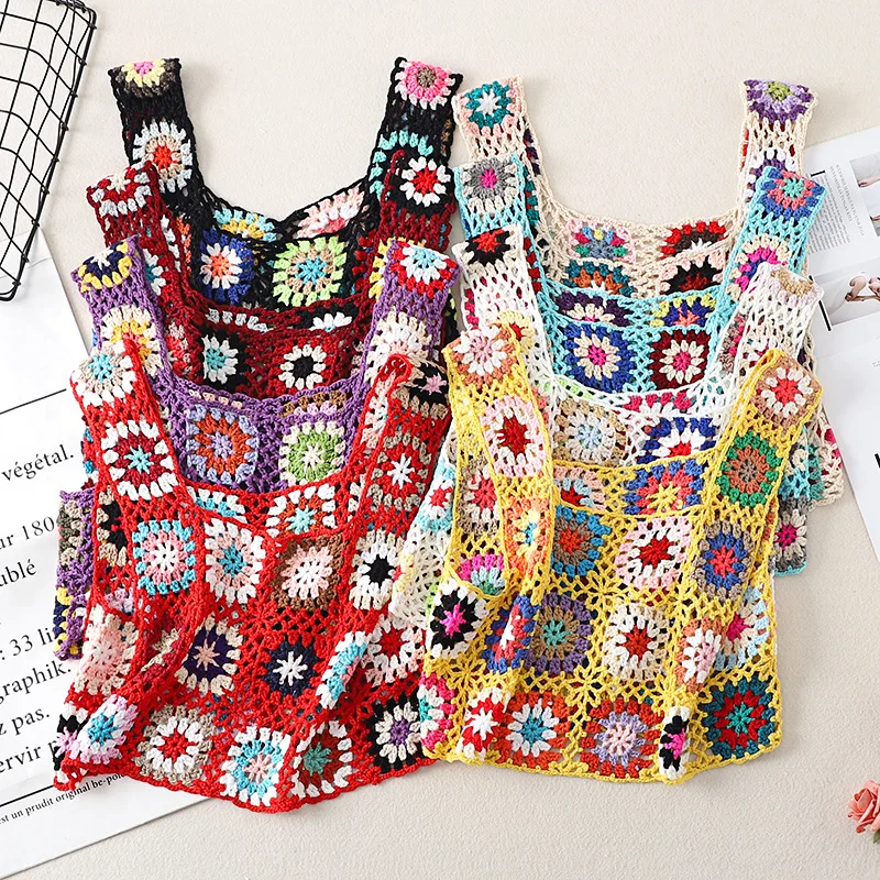 

Women's Summer Sleeveless Tops Colorful Hand Crochet Embroidery Hollow Out Knit Tank Tops Seaside Holiday Tops
