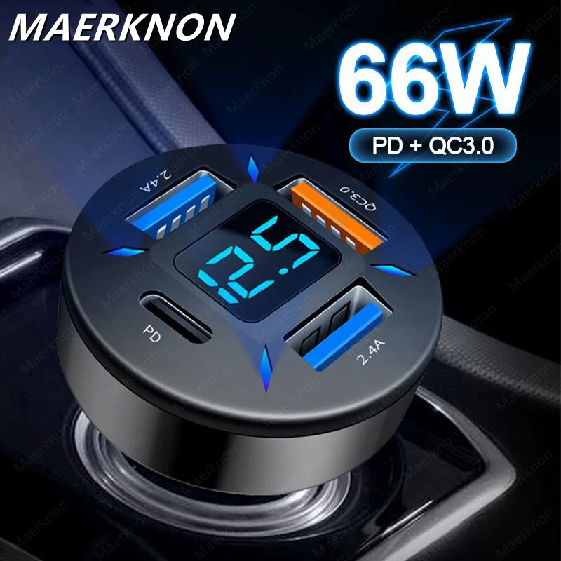 

4 Ports USB Car Charger 66W PD Type C Fast Charging Phones Charger Adapter For iPhone Xiaomi Huawei Samsung Quick Charger In Car